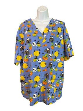 The Scrub Co Halloween Scrub Top XL Blue Owls Pumpkins Witch Spooky Y2K
